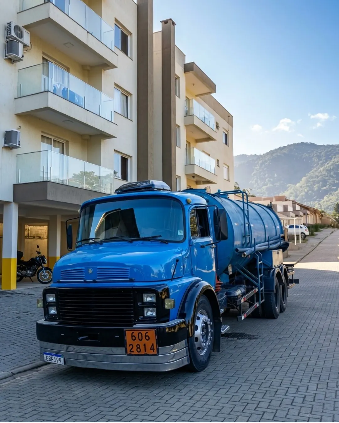 Caminhão auto vácuo azul estacionado diante de condomínio residencial