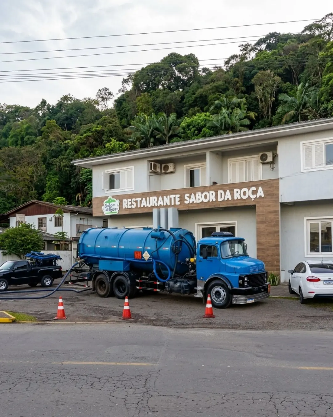 Caminhão auto vácuo e picape de apoio diante de estabelecimento comercial